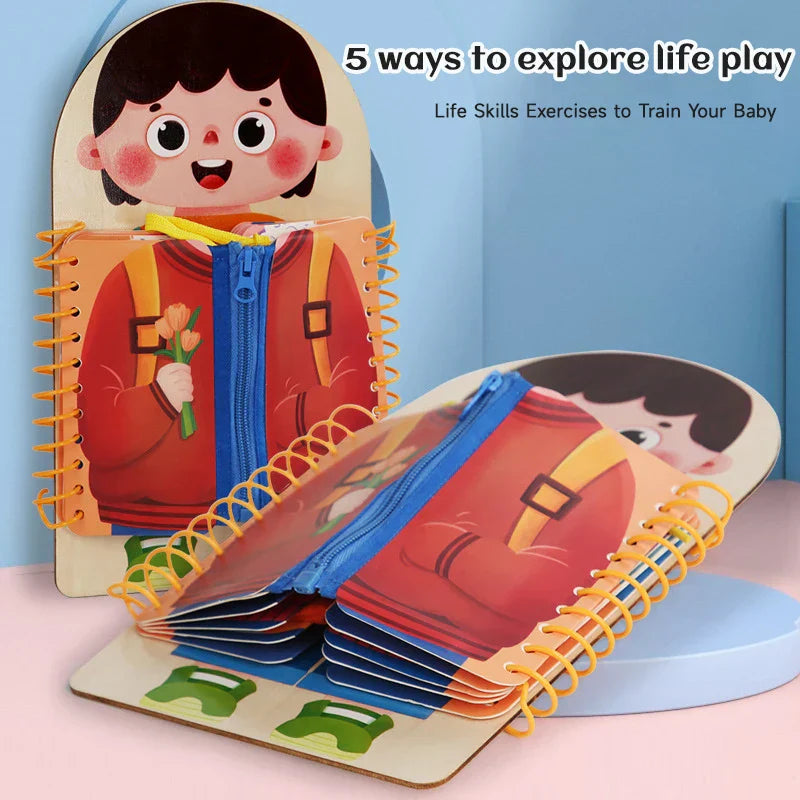Educational wooden activity board with colorful elements, designed for toddler sensory play