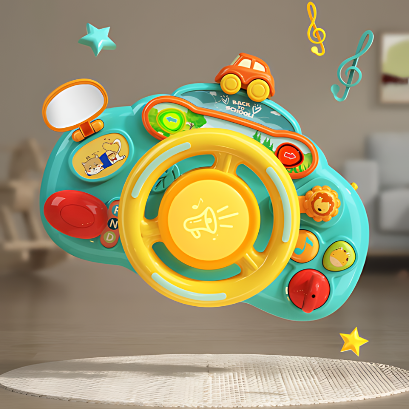 Toddler playing with an interactive driving wheel toy, developing motor skills and hand-eye coordination