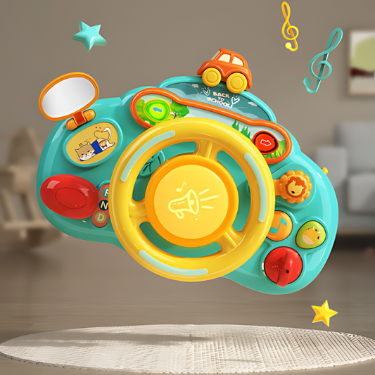 Toddler playing with an interactive driving wheel toy, developing motor skills and hand-eye coordination