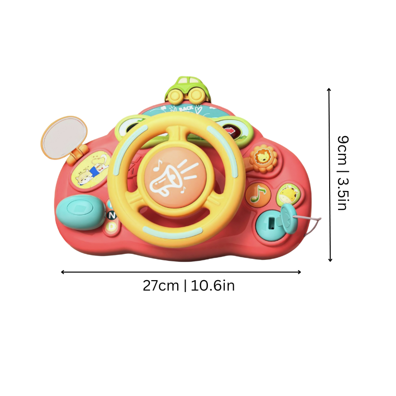 Kids' educational driving wheel toy with lights and sounds, promoting imaginative play in young children