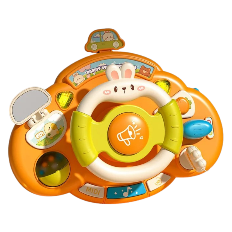 Interactive toy driving wheel for toddlers, featuring a colorful design and buttons for sensory engagement