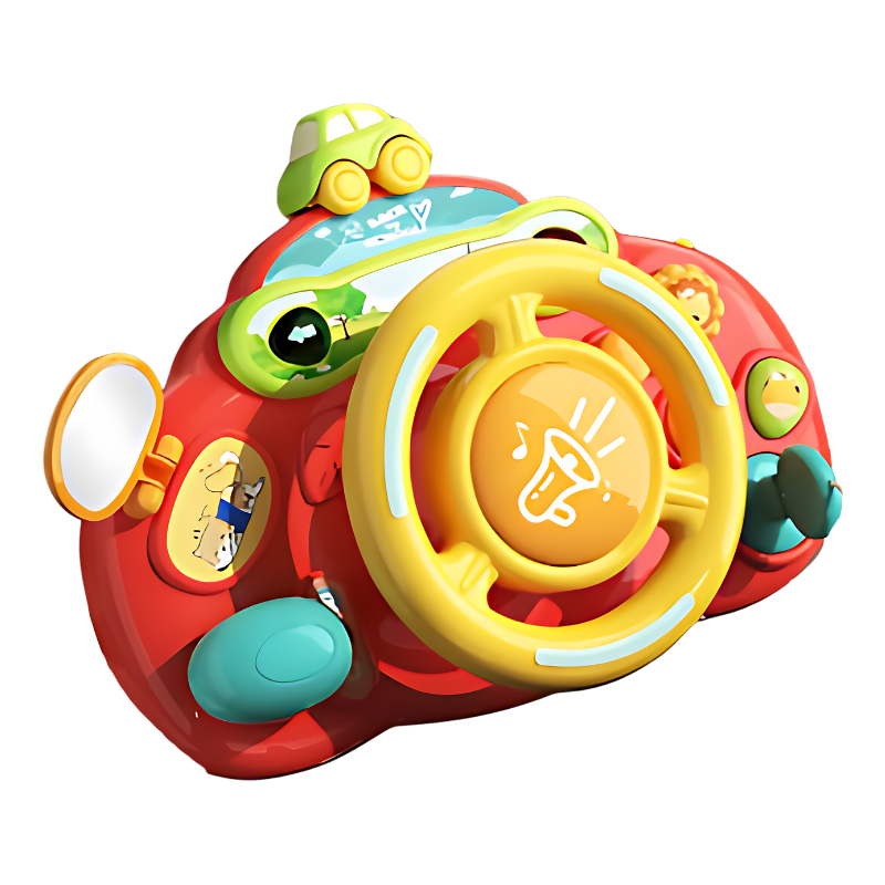 Child gripping an interactive driving wheel toy, perfect for developing fine motor skills and pretend play