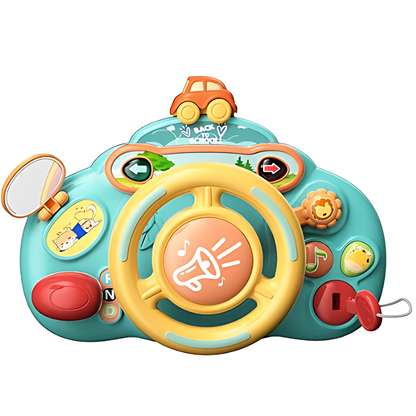 Close-up of a kids' driving wheel toy, designed to be engaging and educational for young learners