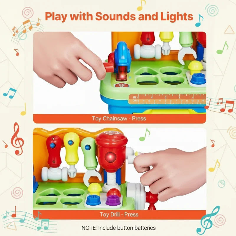Preschooler happily engaging with an interactive musical workbench toy, learning sounds