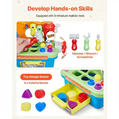 Vibrant children's musical workbench with tools, promoting interactive playtime and learning