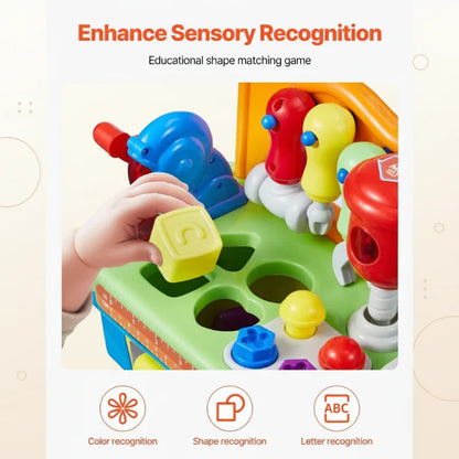 Educational musical workbench toy for toddlers, featuring lights, sounds, and building tools