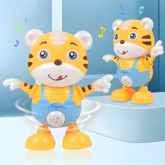 Toddler playing with an orange and black striped interactive musical walking tiger toy with a happy expression on its face.