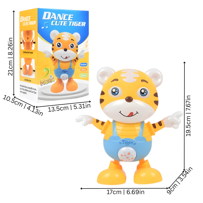 Close-up of a battery-operated musical tiger toy for toddlers, showing its interactive buttons and walking mechanism.