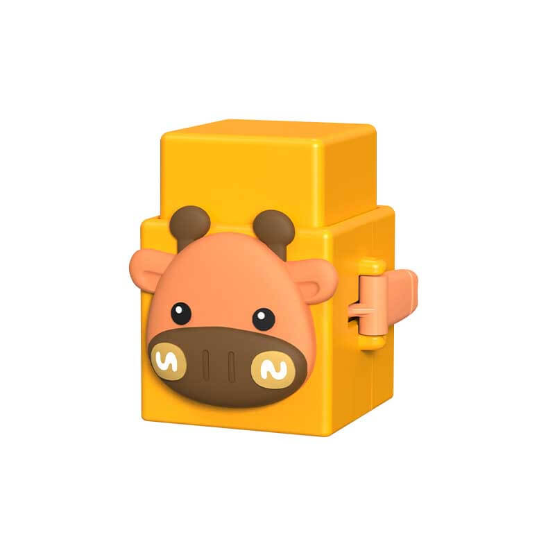 Overhead view of a toddler surrounded by colorful animal stacking & press toys, encouraging exploration.