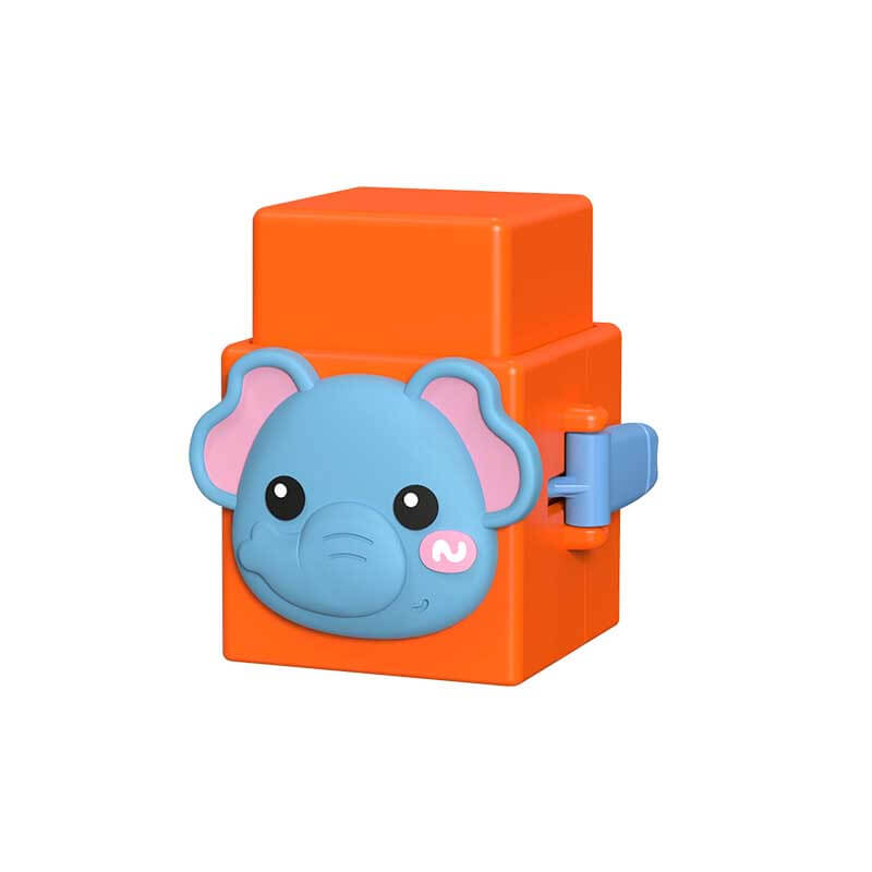 A child happily engaging with animal stacking toys, demonstrating early learning and fine motor skills.