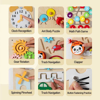 Montessori-inspired wooden busy board for preschoolers with latches, gears, and sensory activities