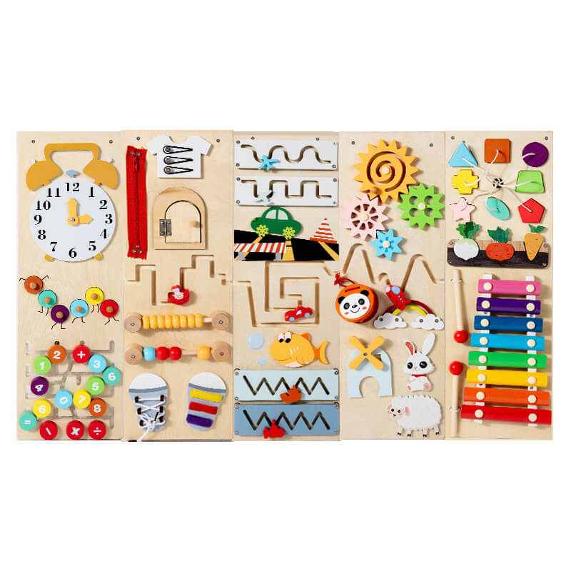 Wooden Activity Board for kids, featuring various engaging elements to enhance motor skills and learning