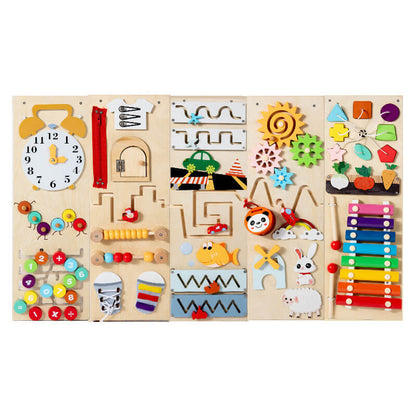 Wooden Activity Board for kids, featuring various engaging elements to enhance motor skills and learning
