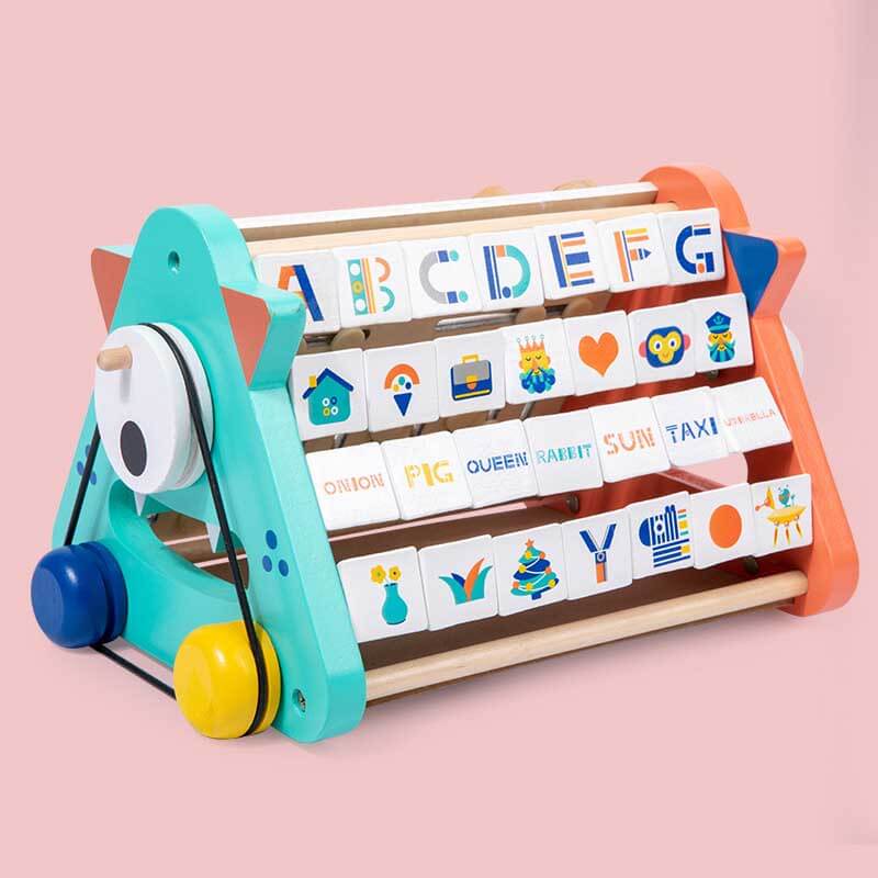 Toddler playing with colorful Children's Wooden Interactive Activity Center, developing motor skills.