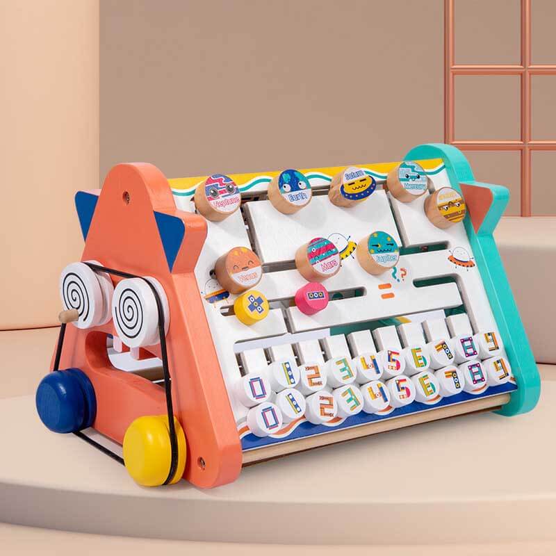 Wooden Activity Center with abacus, gears, and shape sorter for early learning play.