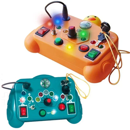Toddler playing with colorful kids' educational light & sound activity board for early learning