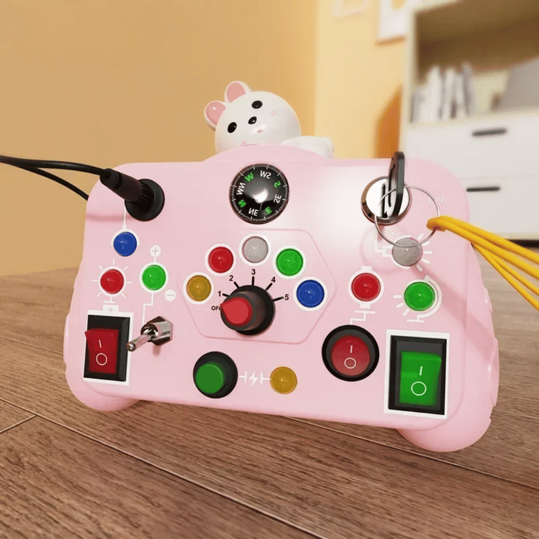 Detailed view of the educational light & sound activity board's texture and bright colors