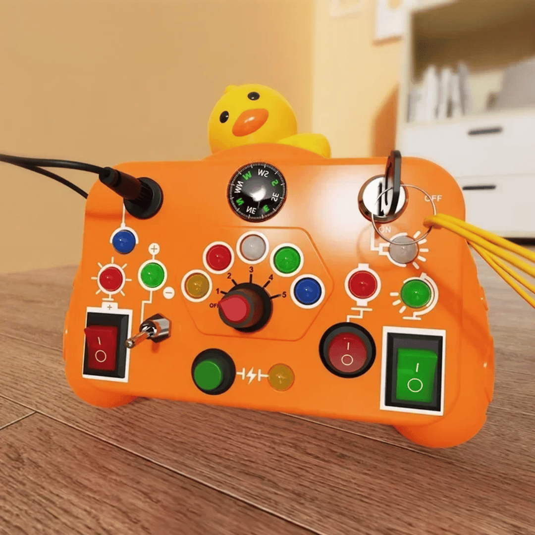 Educational toy: a vibrant activity board with multiple switches, buttons, and musical features