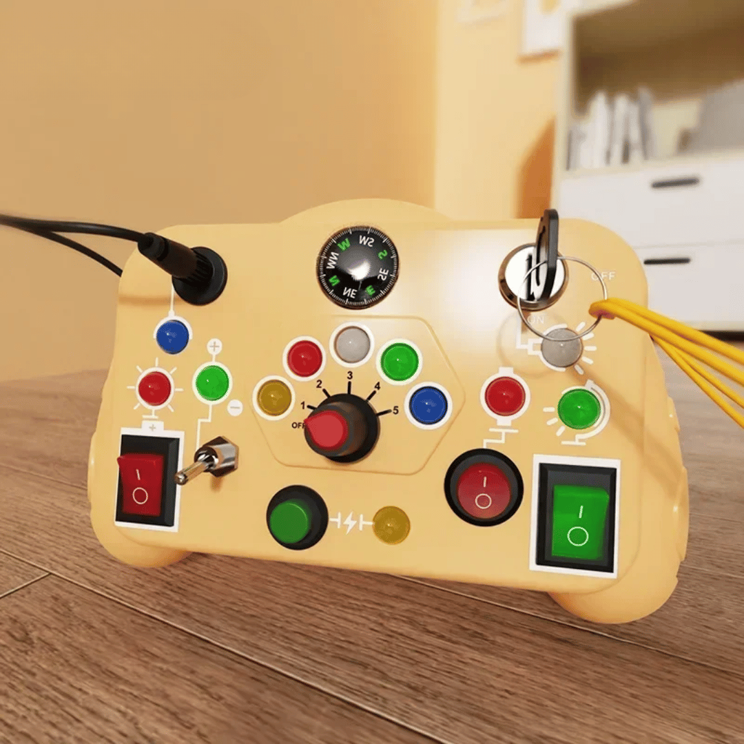 Child exploring an interactive light and sound educational activity board at home