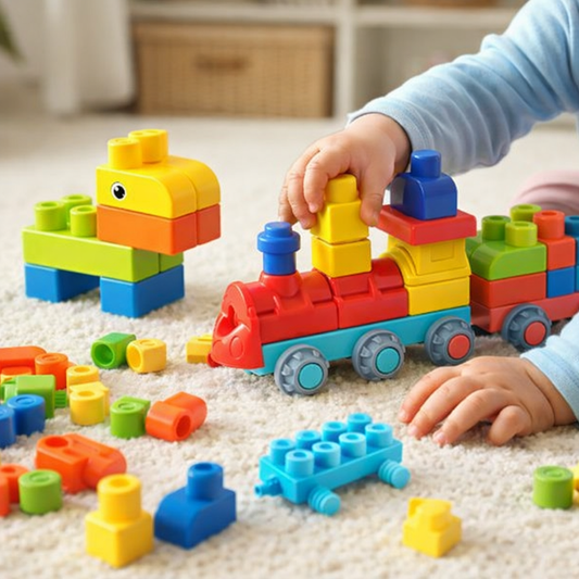 Toddler playing with colorful soft building blocks, encouraging creative play & early learning