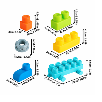 Close-up of chewable, non-toxic soft building blocks designed for safe toddler sensory play