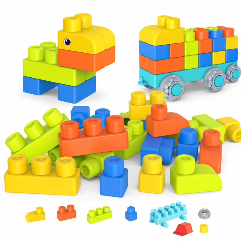 Child stacking large, pliable soft building blocks, perfect for early development and fun