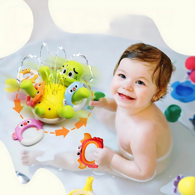 Toddler playing with colorful spinning and spraying sensory bath toy in water, enhancing developmental skills.