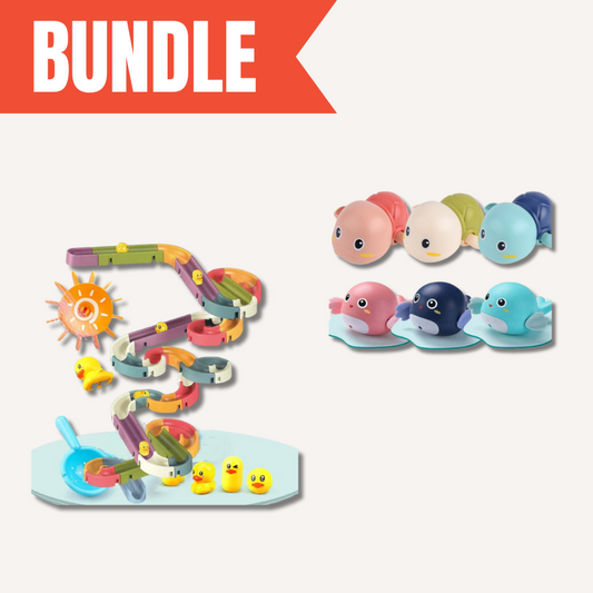 Toddler playing with colorful water slide bath toy featuring yellow ducks and green turtles, engaging sensory play
