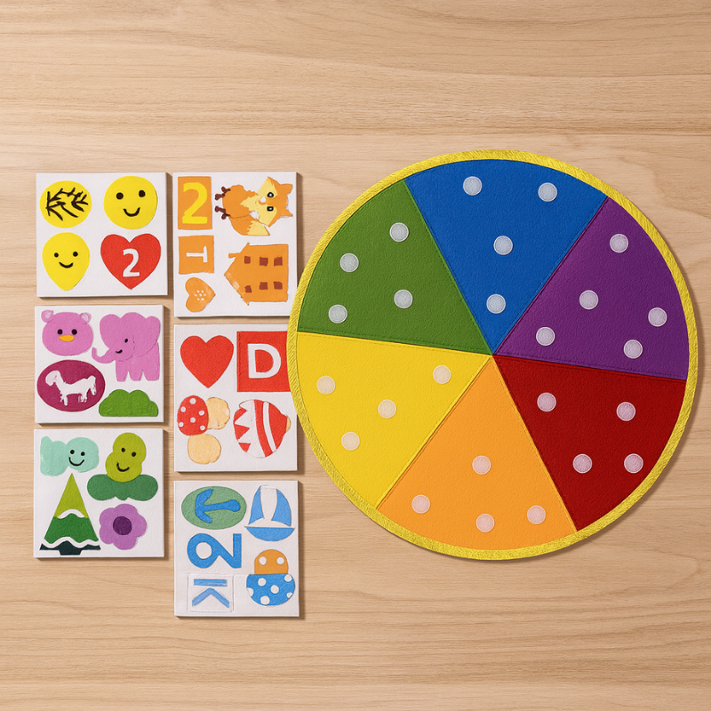Toddler playing with felt board educational color & shape matching game, developing fine motor skills