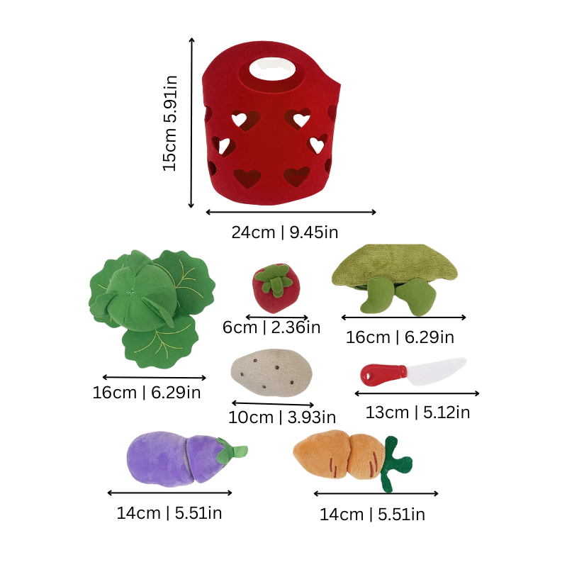 Educational felt market basket with assorted fruits & veggies, perfect for toddler imagination and role play.