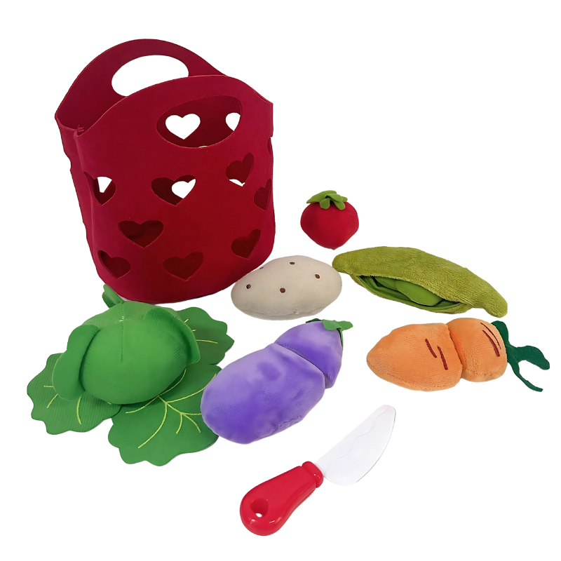 Overhead view of a felt market basket for toddlers, showcasing a variety of educational felt fruits & vegetables.