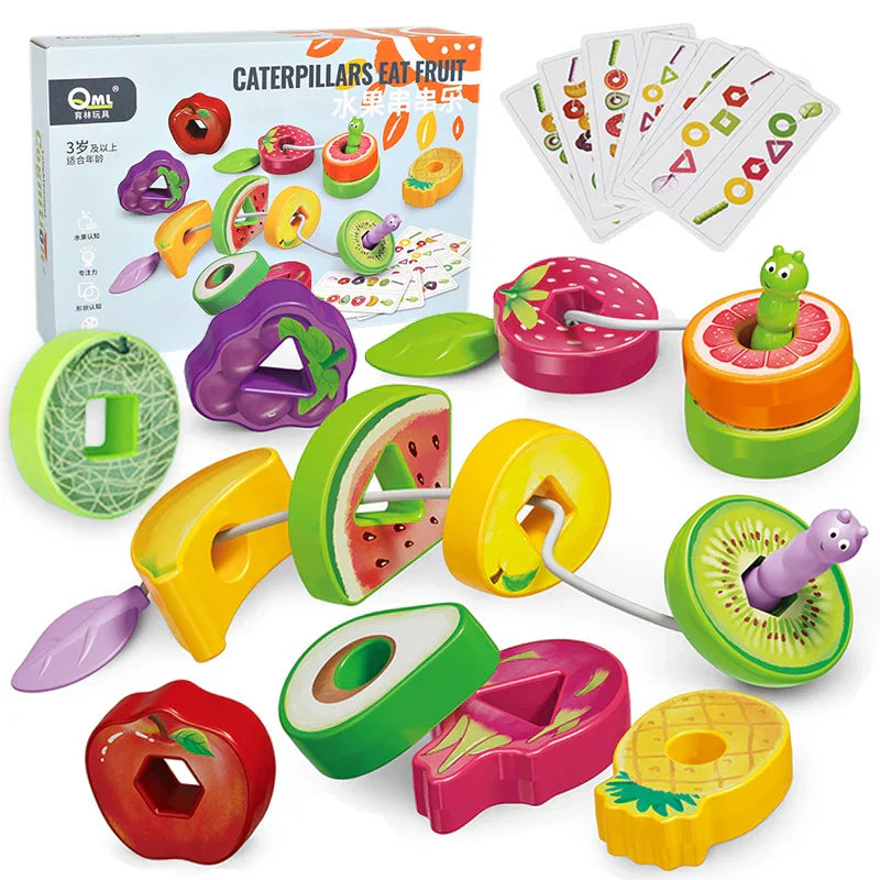 Toddler playing with fruit lacing game, developing fine motor skills and hand-eye coordination with colorful fruit pieces