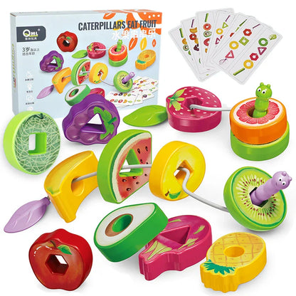 Toddler playing with fruit lacing game, developing fine motor skills and hand-eye coordination with colorful fruit pieces