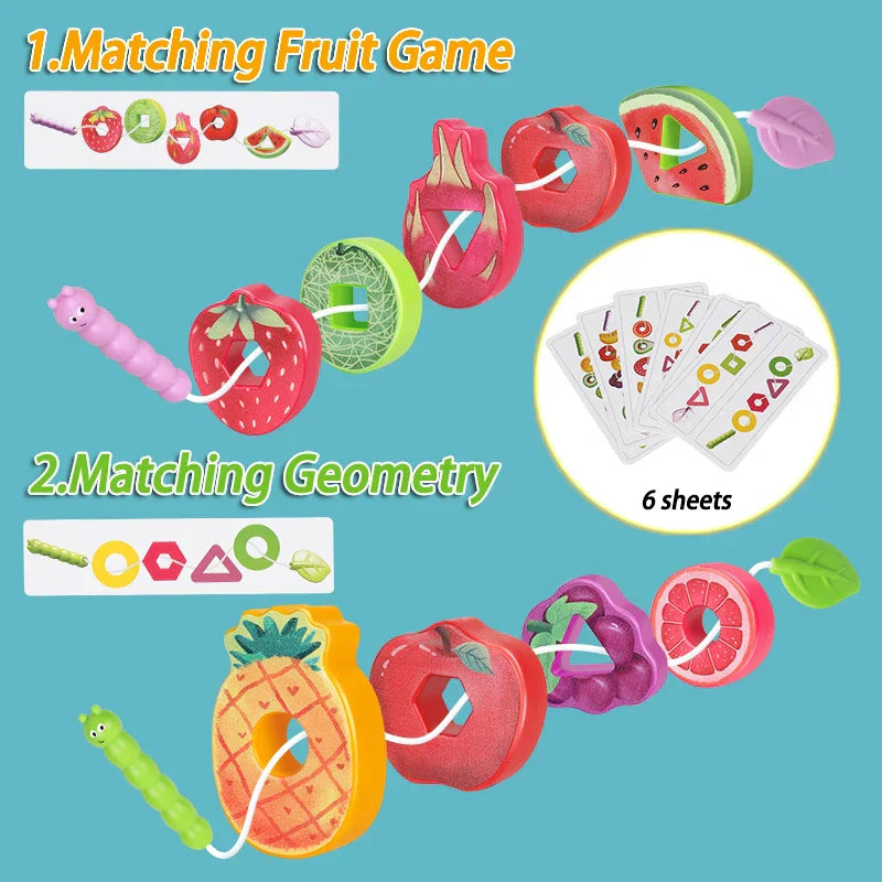 Close-up of a child's hands threading a lace through a wooden apple in a fruit lacing game, enhancing fine motor skills