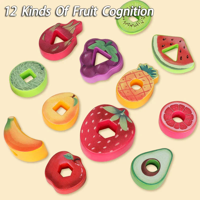 Assortment of wooden fruit lacing game pieces including apple, pear, and strawberry, promoting preschool learning activities