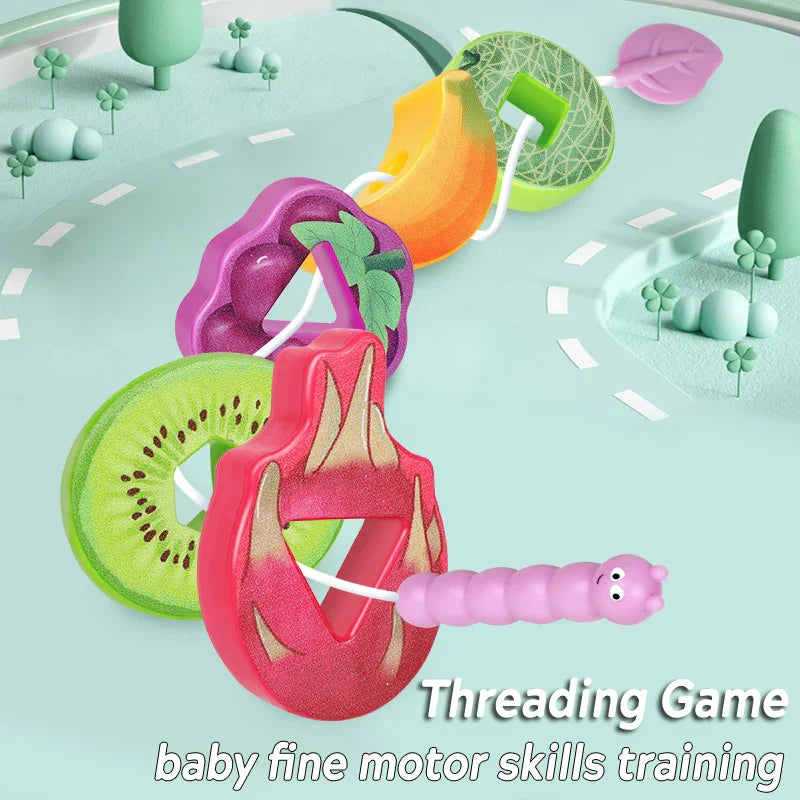 Kids fruit lacing game set displayed with colorful wooden fruits and laces, perfect for early development and sensory play