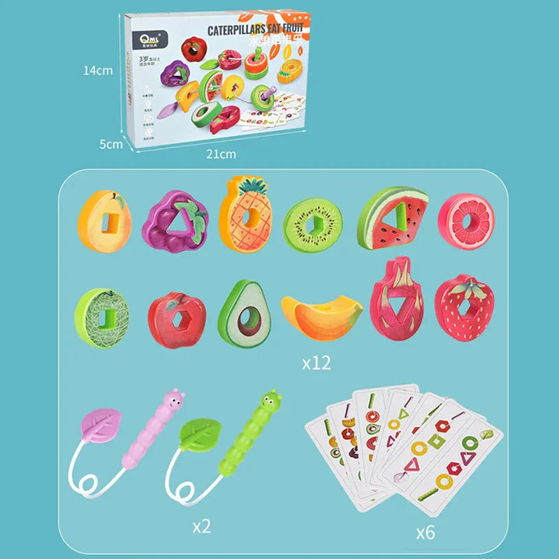 Overhead view of a complete fruit lacing game, showcasing all pieces and activities for creative play and motor skill development