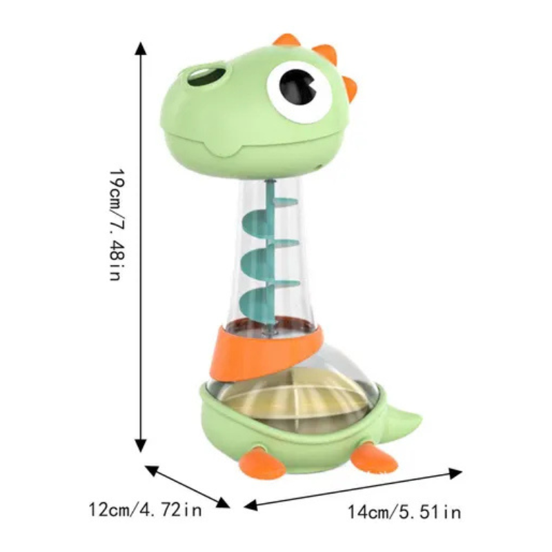 Colorful kids' dinosaur shower toy with movable parts, perfect for engaging bath time fun and water play.