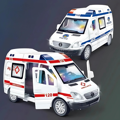 Toddler playing with imaginative rescue vehicle toy with working lights and sounds
