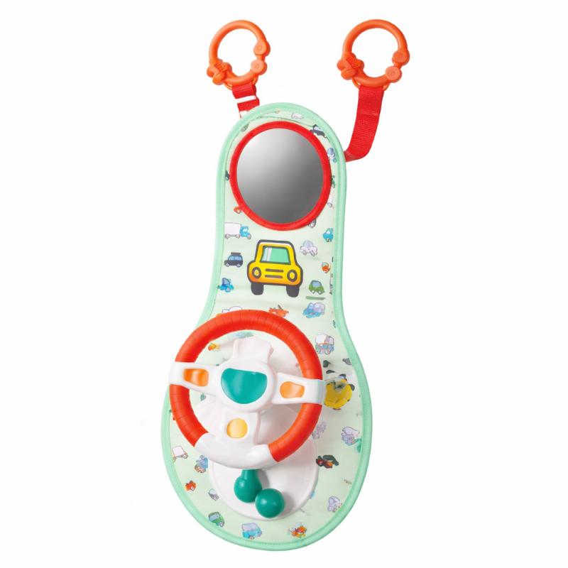 Toddler playing with interactive car seat driving toy, enhancing motor skills and screen-free entertainment.