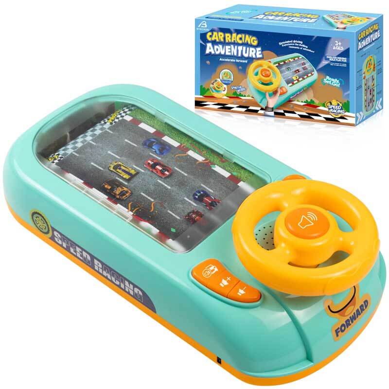 Toddler playing with interactive driving adventure steering wheel toy, musical activity for kids