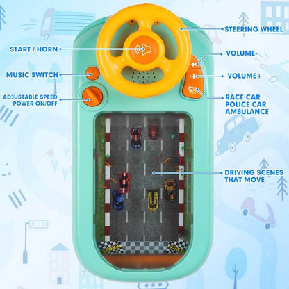 Kids' interactive toy car steering wheel with lights and sounds, educational driving simulation