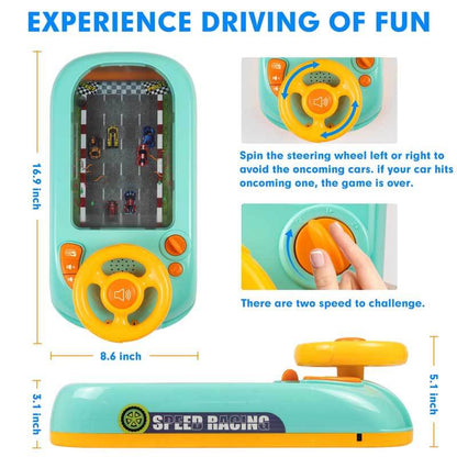 Close-up of a child's hands on a driving adventure steering wheel toy, engaging toddler activity