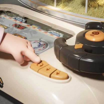 Side view of kids' interactive steering wheel activity toy, featuring dashboard details and controls
