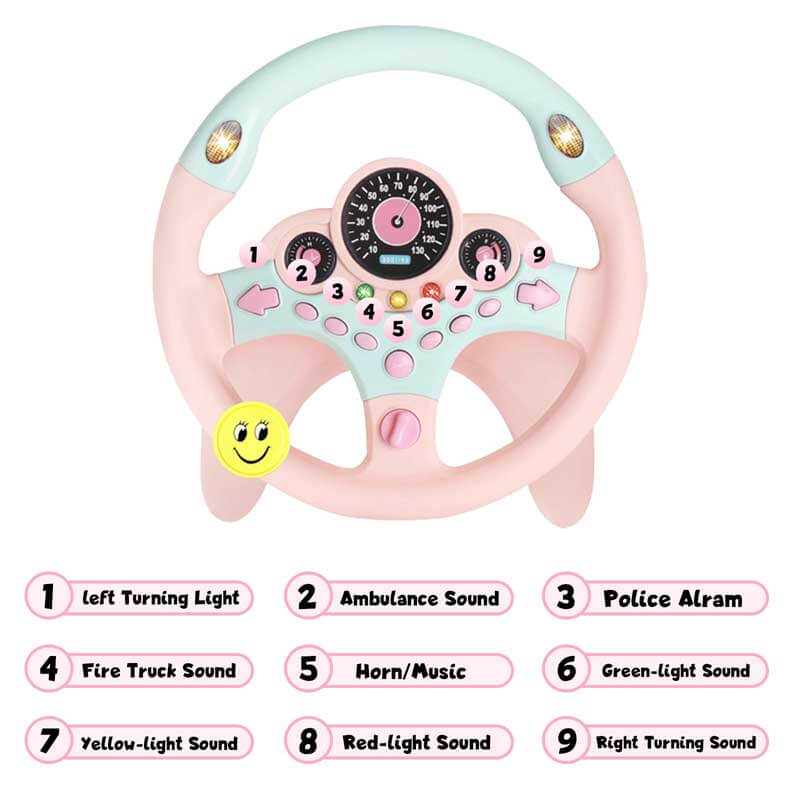 Close-up of a child's hands on an interactive driving steering wheel toy console
