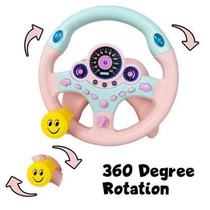 Brightly colored interactive driving steering wheel toy with dashboard features