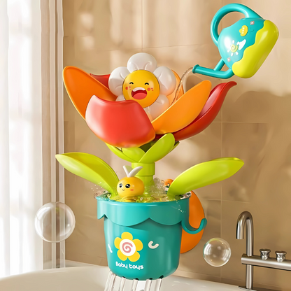 Toddler playing with interactive flower fountain bath toy, colorful and engaging water play for kids