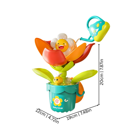 Close-up of children's interactive flower fountain bath toy with water streams, perfect for early development
