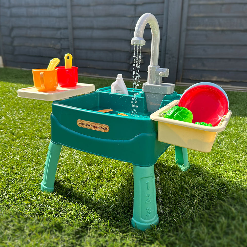Educational play kitchen with functional water tap, colorful accessories, perfect for indoor and outdoor kid's role play.