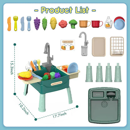 Kids' activity toy kitchen set featuring realistic running water, ideal for imaginative play and early learning.